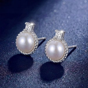 S925 <b>Silver</b> Twisted Rope Frame Pearl <b>Stud</b> Earrings Princess CZ Vintage Elegant Pearl Jewelry Gift for Women Girls - Product Image 3