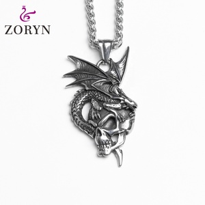 Colliers pendentifs étanches personnalisés en acier inoxydable avec crâne de dragon, bijoux de mode gothiques punk vintage en acier titane pour hommes - Product Image 1