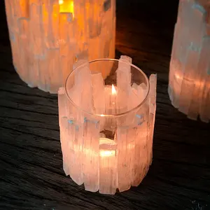 Natural Selenite Crystal "waterfall" glass candle holder
