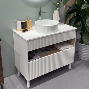 Warna kayu Modern 2-laci kamar mandi Vanity kabinet Set keramik wastafel tembaga Gratis cermin lembut dekat Laci tahan air - Product Image 1