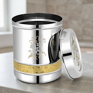 Stainless Steel <b>Food</b> Container Round Airtight Metal Storage <b>Jar</b> With Oriental Design Pattern set of 2 - Product Image 2