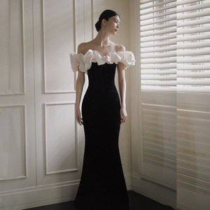 Off The Shoulder Black Mermaid Evening Dress With Ruffle Sleeves Slim Fit For Women - Product Image 1