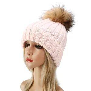 Thick Warm Adult Natural Raccoon Fur Ball Winter solid color Hat Women Knitted Pom Pom wool Beanies