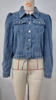 Veste en jean courte à manches bouffantes pour femme, col à revers, boutonnée, bleu vintage, décontractée, pour le quotidien