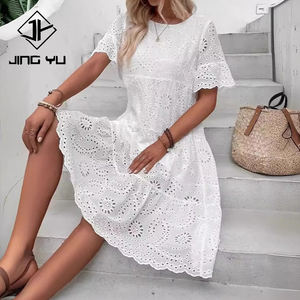 Robe midi à col rond et manches courtes, style plage, design d'usine, broderie personnalisée en coton pour femmes - Product Image 2