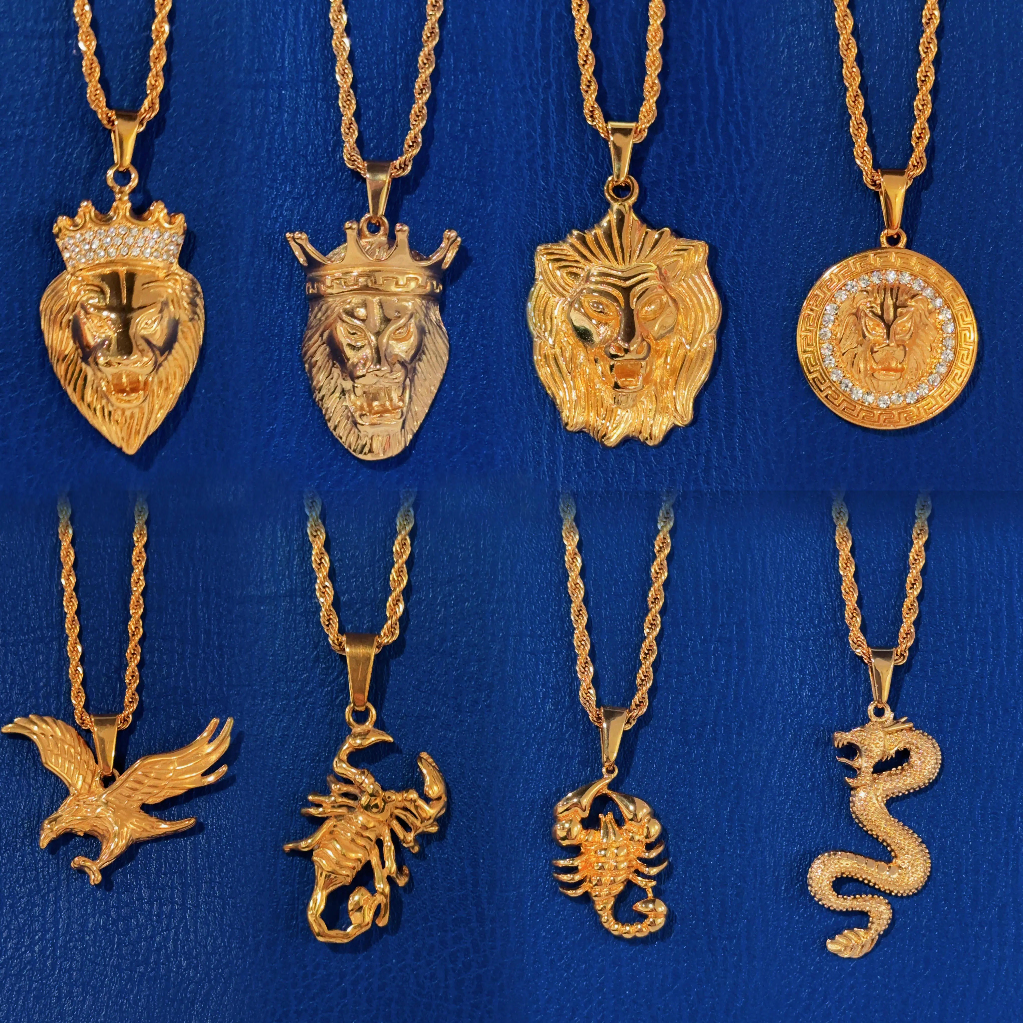 Wholesale Customized Stainless Steel Punk Jewelry 18k Gold Plated Men Lion Charm Pendant Necklace Jewelry