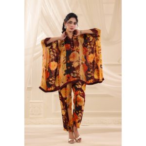 Elegant Women's Floral Printed <b>Kaftan</b> Co Ord Set Flowing Poncho <b>Top</b> with Matching Straight Pants Resort Fashion Wear - Product Image 1
