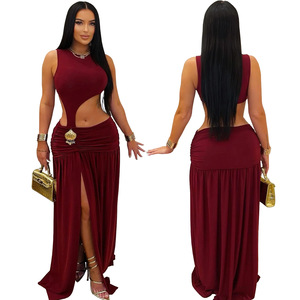 C7597 Vestido largo de fiesta para <span class=keywords><strong>mujer</strong></span>, de moda, sin espalda, fruncido, con abertura alta, color liso, ajustado, para club y fiesta - Product Image 4
