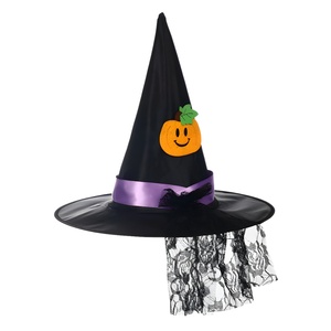 Chapeau de sorcière noir en gros avec dentelle citrouille et ruban violet pour Halloween, accessoire de costume adulte, décoration de fête - Product Image 1