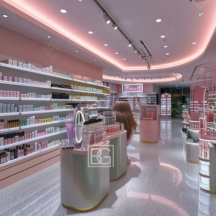 Nueva decoración Tienda de cosméticos estante de exhibición Perfume exhibición Mesa peluca pared hermoso diseño de tienda de moda