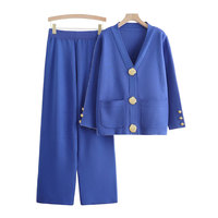 Ensemble Tailleur Deux Pièces en Maille pour Femme, Cardigan à Manches Longues Boutons Dorés, Manteau Pull Col V, Pantalon Long Ample avec Poches, Personnalisation OEM ODM Logo Couleur