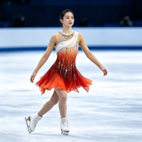 Robe de patinage artistique dégradé blanc-orange-rouge, asymétrique à une épaule, manches longues, dos ouvert avec chaîne, ornée de strass, jupe irrégulière