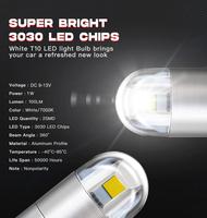 Bombillas LED T10 W5W 12V Super Bright 3030 2SMD Interior del coche Domo Mapa Puerta Cortesía Dash Luces de matrícula