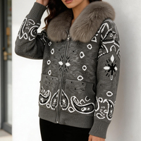 Cardigan en tricot luxueux pour femme avec col en vraie fourrure de renard, veste pull vintage à motif cachemire zippée, vêtement d'extérieur chaud et luxueux pour l'hiver