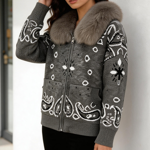 Lussuoso <span class=keywords><strong>Cardigan</strong></span> in Maglia per <span class=keywords><strong>Donna</strong></span> <span class=keywords><strong>con</strong></span> Collo in Vera Pelliccia di Volpe, Giacca <span class=keywords><strong>con</strong></span> Zip Stile Paisley Vintage, Caldo Capospalla Invernale di Lusso - Product Image 2