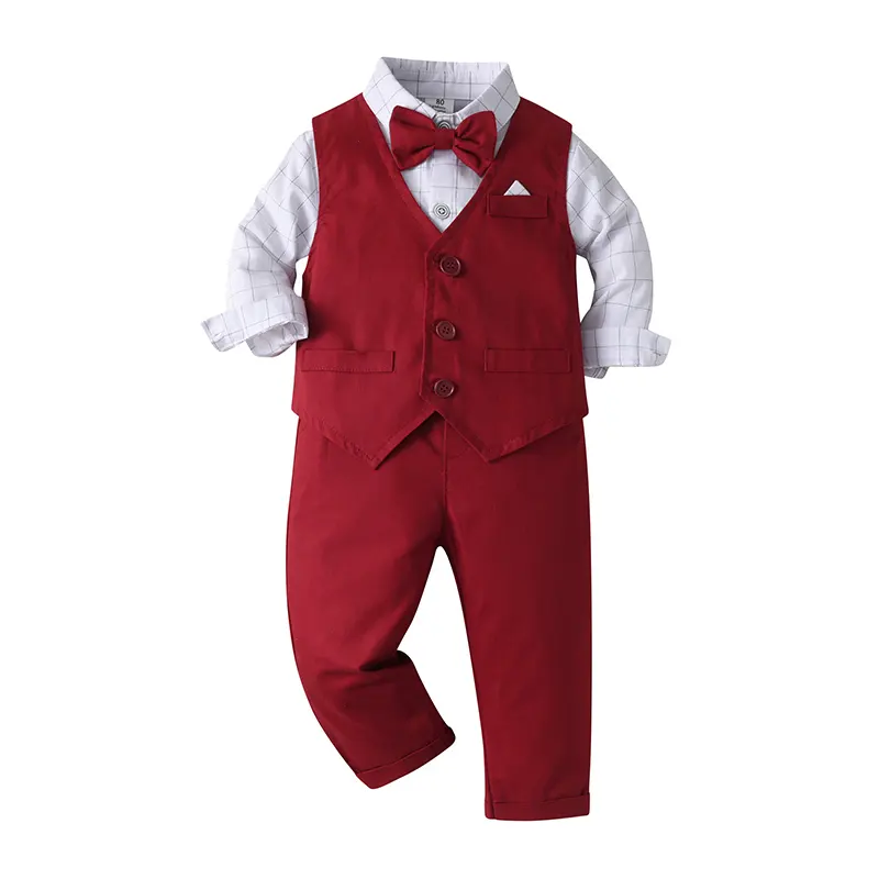 Nuevo 2024 ropa Formal de invierno para niños conjunto rojo de tres piezas para niños fiesta de cumpleaños conjunto de ropa para bebés