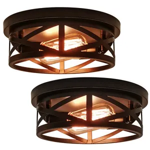 2 Licht Verzonken Plafondlamp Industriële Retro Mat Zwart Metalen Kooi Armatuur Plafond Beugel Voor Keuken, Hal, Slaapkamer