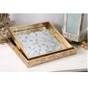 Mirrored Gold Decorative Square Mirrored Tray in Leaf Patter