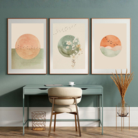 Ensemble de 3 tableaux muraux Japandi HAOWAI OEMODM, impressions abstraites soleil vert sauge, paysage minimaliste aquarelle, art mural zen apaisant
