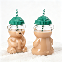 Bouteille d'eau en verre sodocalcique isolée résistante à la chaleur SUNPRO TS-133 Little Bear avec couvercle à paille, design moderne et minimaliste, Noël