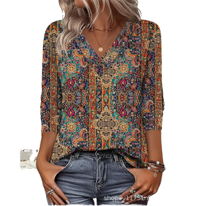 Blusa Retro Bohemia para Mujer, Tejida, Transpirable, Holgada, Informal, Estampada, de Manga Larga, Cuello en V, con Logotipo Frontal, Multicolor, Otoñal - Product Image 1