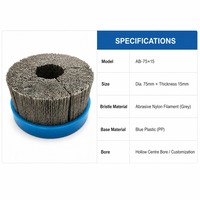 Brosse à filaments en nylon abrasif gris, roue de 75 mm de diamètre, 15 mm d'épaisseur, base en plastique bleu, trou creux, personnalisation