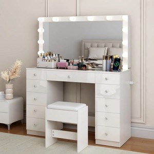 Professional <strong>Vintage</strong> Wood Vanity Desk for Makeup with Glass Top, <strong>Dressing</strong> <strong>Table</strong> with Mirror Light and Bluetooth for Bedroom - Product Image 1