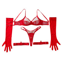 Ensemble de lingerie sculptante 4 pièces Deeplove pour femme, en dentelle florale rouge transparente, soutien-gorge, jarretière et culotte, vente en gros OEM