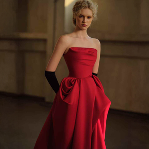 Nt105 <b>Red</b> Satin Chiffon Evening Gown Elegant Party Plus Size Mermaid Silhouette Sweetheart Feathers Rhinestone Appliques - Product Image 3