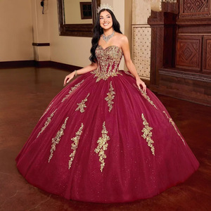 Gold Lace Applique Strapless Tulle Ball Gown Natural Waistline Floral Print Prom Dress Adult - Product Image 4