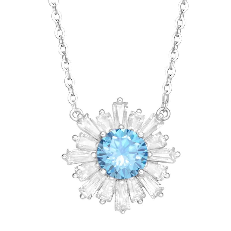 S925 perhiasan perak murni kalung wanita zirkon biru liontin batu kelahiran Hati laut perhiasan wanita modis kualitas tinggi