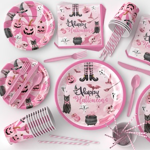 DAMAI 128 Pcs Halloween Plates Napkins Cups Set Pink Spooky Disposable Tableware for Horror Theme Birthday Party Decorations - Product Image 4
