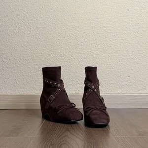 Genuine Leather Retro Cross Strap Ankle Boots, Women Square Toe Bow Heel Zip Elevator Slim Short Boots - Product Image 1
