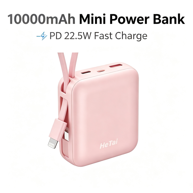 10000mAh High-Power Mini Power Bank with Type-C Input/Output 8-Pin Cable 2-in-1 Quick Charger for IOS Phones