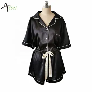 Women's Silk Satin Pajama Set Short sleeve Pyjamas Sleep Wear Button Down Pjs