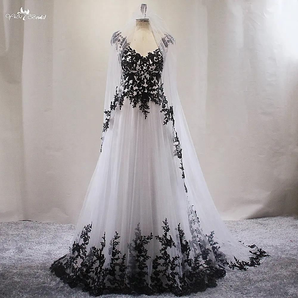 LZ473 Vintage Black Lace Ivory Tulle Wedding Dress Simple V Neck Sleeveless A-line Dress With Free Veil