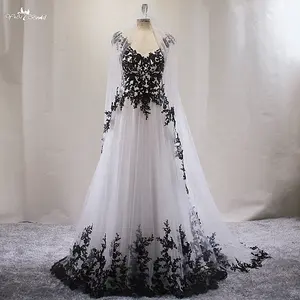 LZ473 Vintage Đen Ren Ngà Tulle Wedding Dress Đơn Giản V Neck Không Tay A-line Dress Với Miễn Phí Mạng Che Mặt