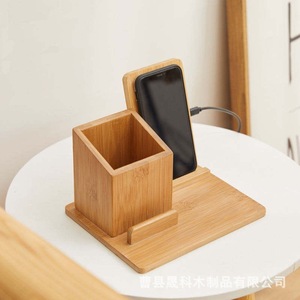 Support de téléphone en bois avec boîte de rangement pour stylos, organisateur de bureau, de forme rectangulaire, en bois massif - Product Image 3