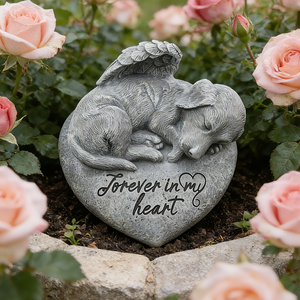 Scultura in Resina di Angelo Dormiente Commemorativo per Cani, Base in Pietra Incisa con 'Per Sempre nel Mio Cuore', Ricordo Alato per la Perdita di Animali Domestici per Decorazione del Giardino - Product Image 1