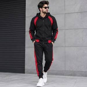 Men's Black Red Solid Hooded Tracksuit <b>Full</b> <b>Zip</b> <b>Sweatshirt</b> Joggers Set Streetwear Winter Wear Regular Fit 100% Cotton Fleece - Product Image 1