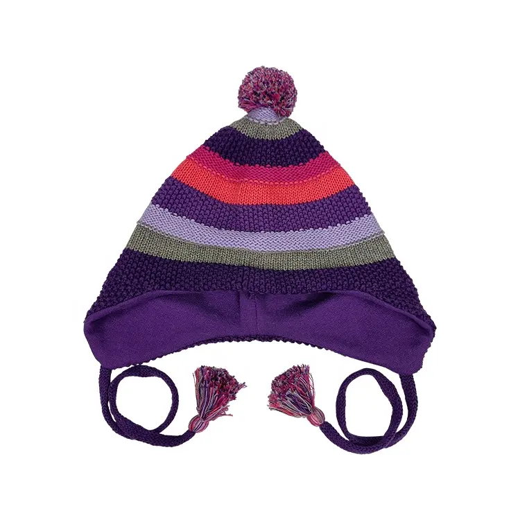 Striped Cotton Earflap Hat With Jersey Lining Pompom Hat For Baby And Young Children