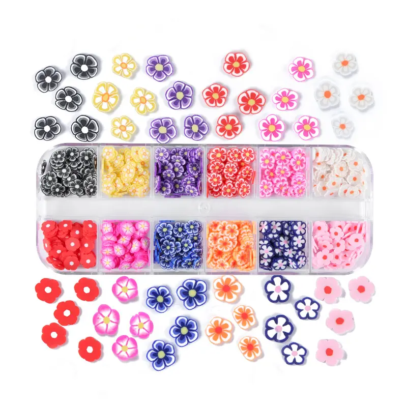 Popular 12 Grid 3D Flower Polymer Clay Slices Nail Accessories Summer Fruits Slime Slices for Diy Crafts Nail Art Charms