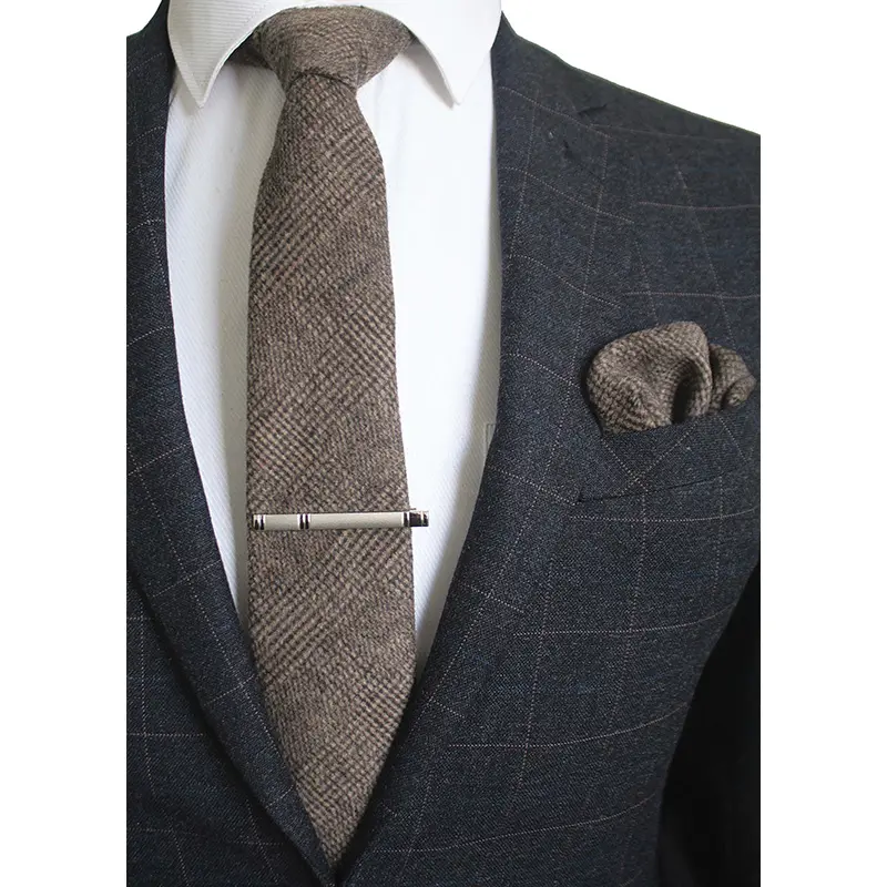 8cm Wool Tie Solid Plaid Necktie For Men Cashmere Tie and Handkerchief Set