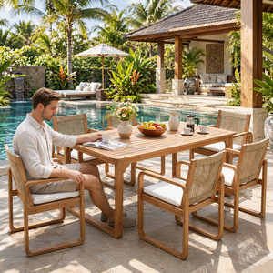 Conjunto de Mesa de Comedor para Exteriores, Madera de Teca Sólida, Muebles Minimalistas para Patio, Sillas Tejidas con Asientos Acolchados para Jardín, Patio, Hotel - Product Image 2