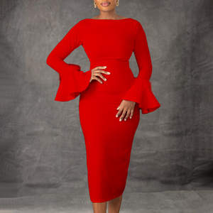 Abito Aderente Monocolore alla Moda con Maniche a Campana per Donne, Perfetto per l'Ufficio, Collezione Invernale, Stile Africano - Product Image 3