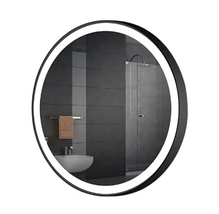 백라이트 욕실 스마트 거울 알루미늄 프레임 안개 방지 벽걸이 형 원형 led 욕실 디자인 거울 선반