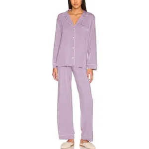 Modal Spandex Women Long Sleeves Contrast Color Piping Pajamas Set 2 Pieces Set For Women