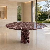 Table à manger ovale moderne en marbre rouge foncé poli avec base en colonne torsadée en spirale pour projet hôtelier et de restauration