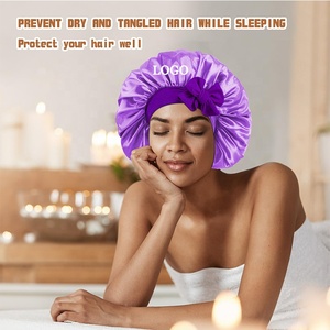 <span class=keywords><strong>Bonnet</strong></span> personnalisé avec logo, faible MOQ, avec bande à nouer, en satin doux double couche pour le soin des <span class=keywords><strong>cheveux</strong></span>, <span class=keywords><strong>bonnet</strong></span> de nuit soyeux pour femme, chapeau tressé violet - Product Image 2