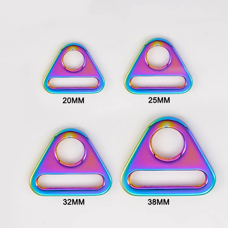 Yeni trend gökkuşağı üçgen toka ayarlanabilir özel logo dokuma çinko alaşım üçgen yüzük
